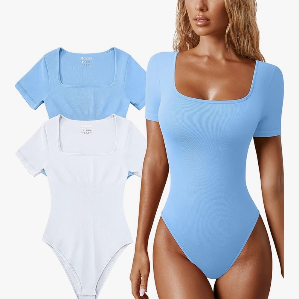 ❣️Hp❣️2 fitted white & Blue Bodysuit with Square Neckline